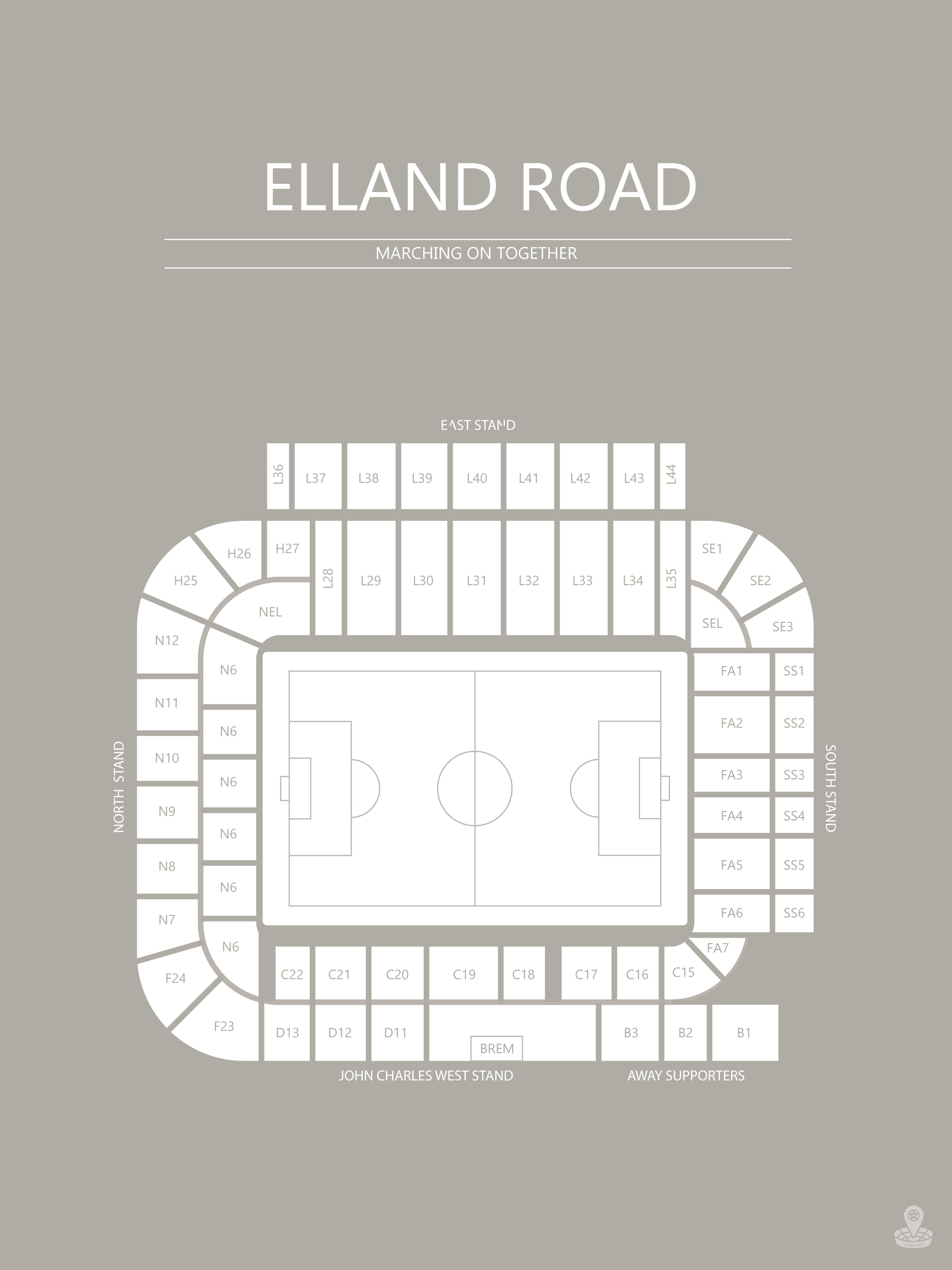 Fodbold plakat Lees Elland Road Stadium Grå