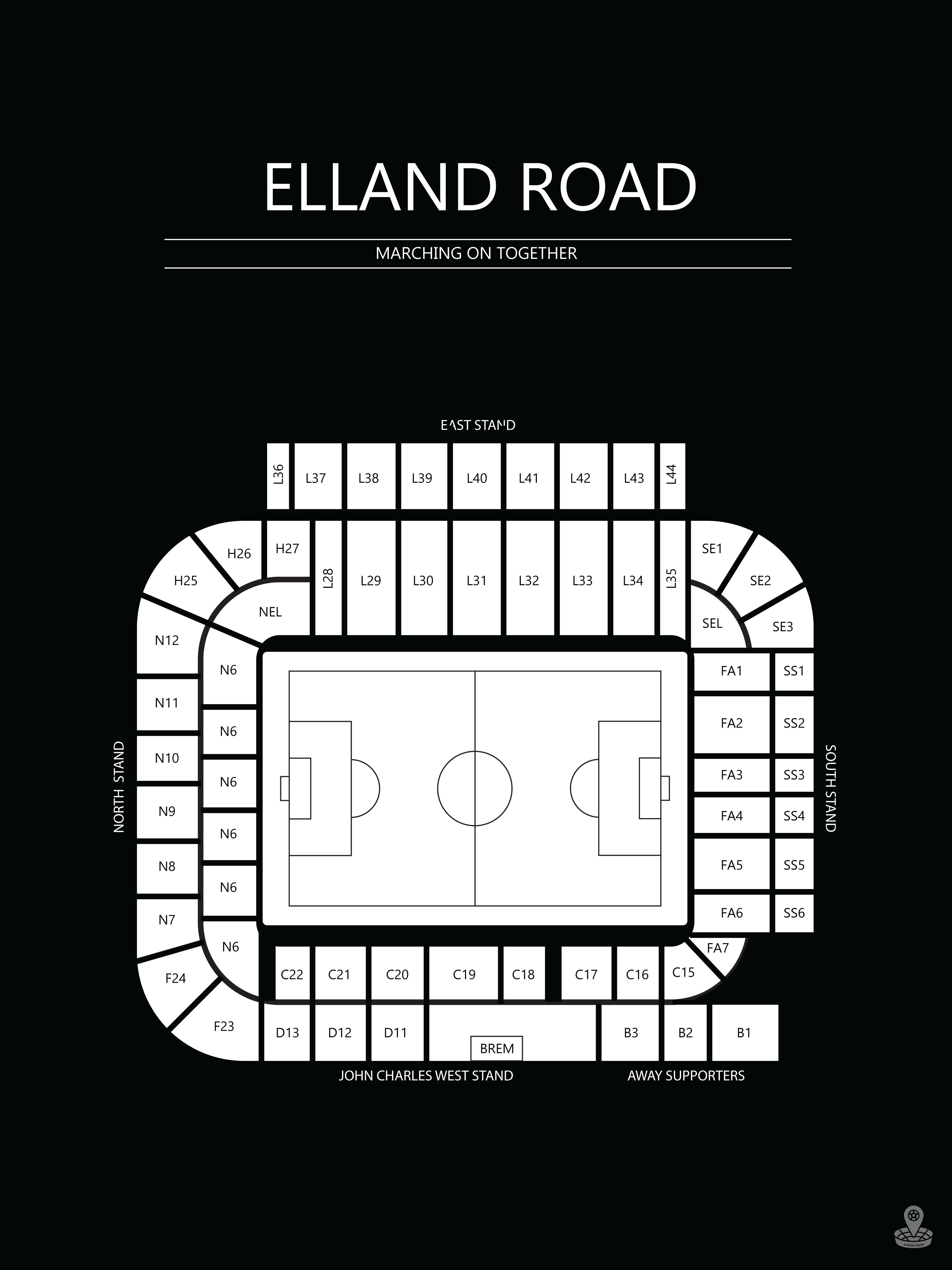 Fodbold plakat Lees Elland Road Stadium Sort