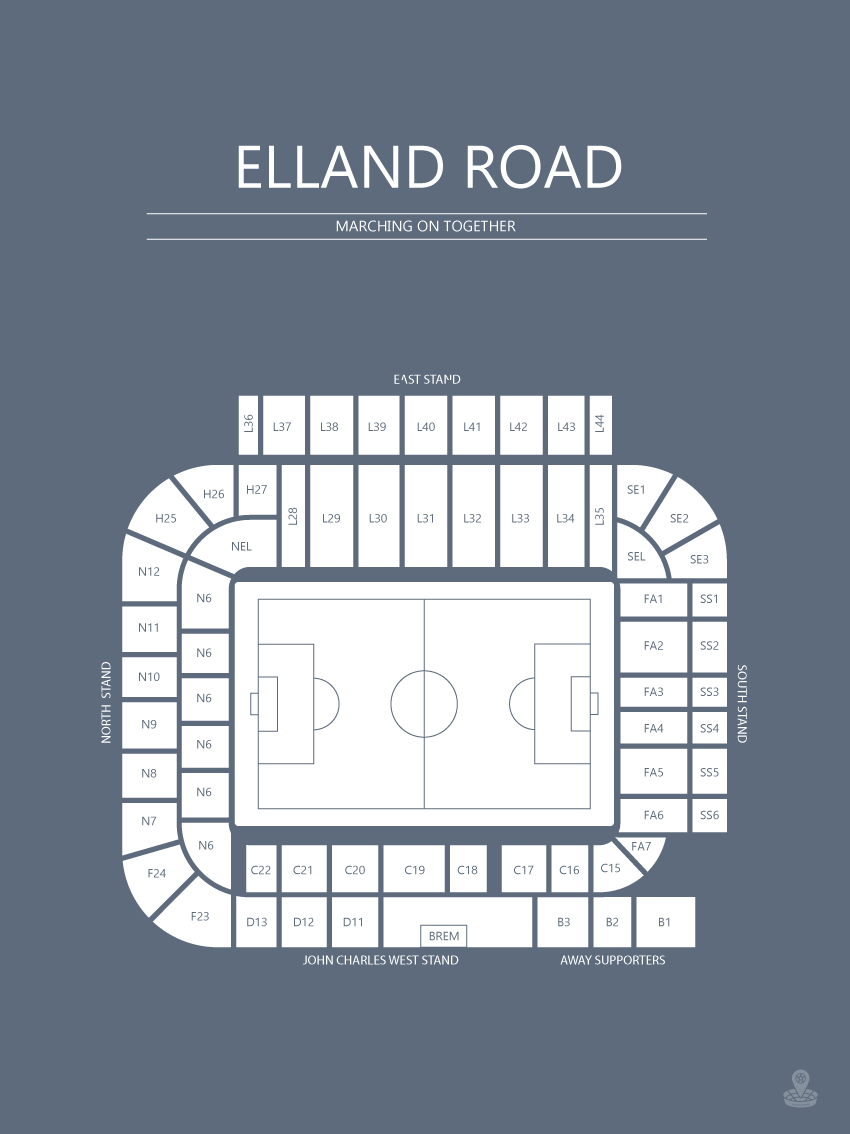 Fodbold plakat Lees Elland Road Stadium Blågrå