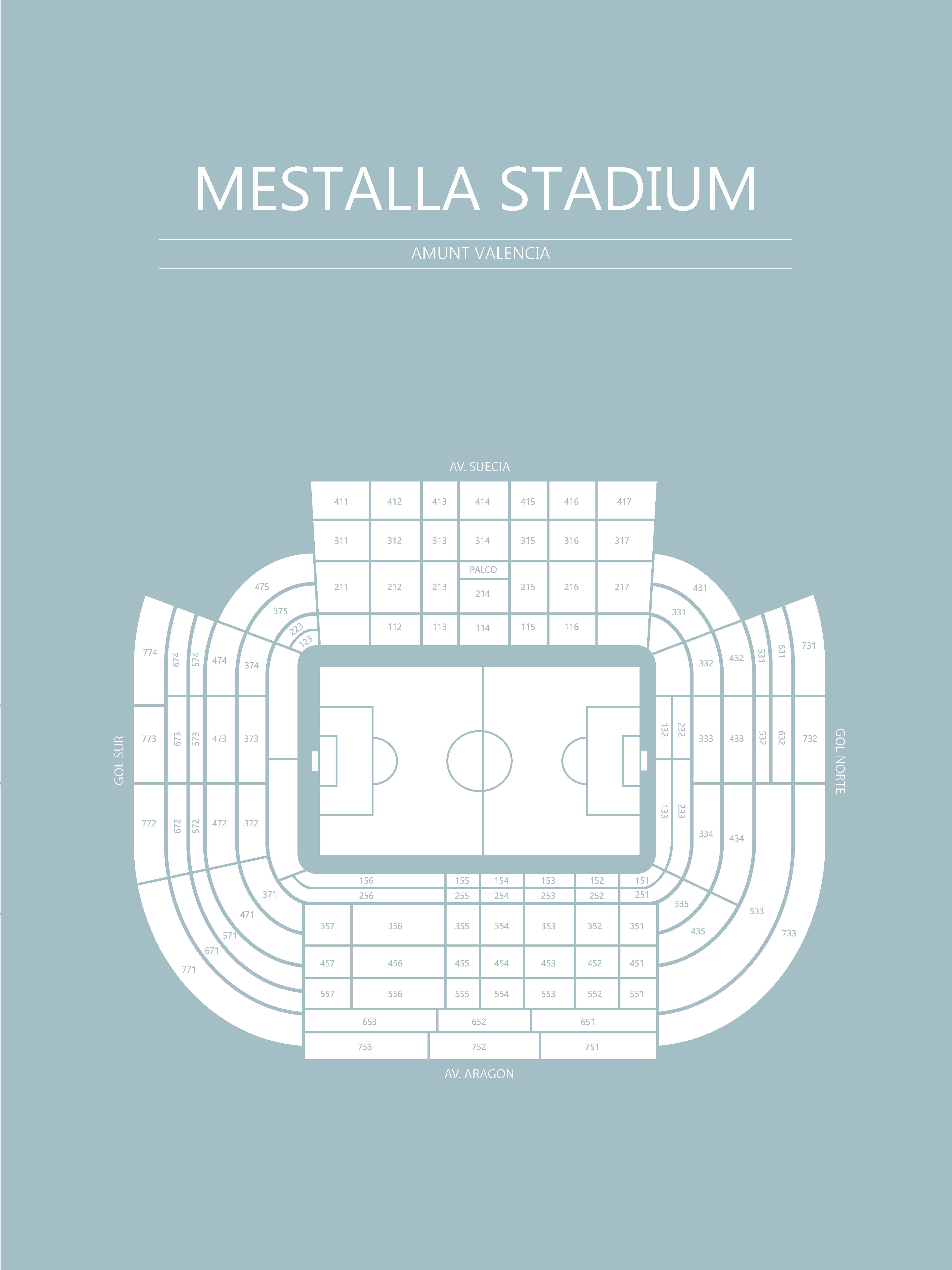Fodbold plakat Valencia Mestalla Stadium Lyseblå