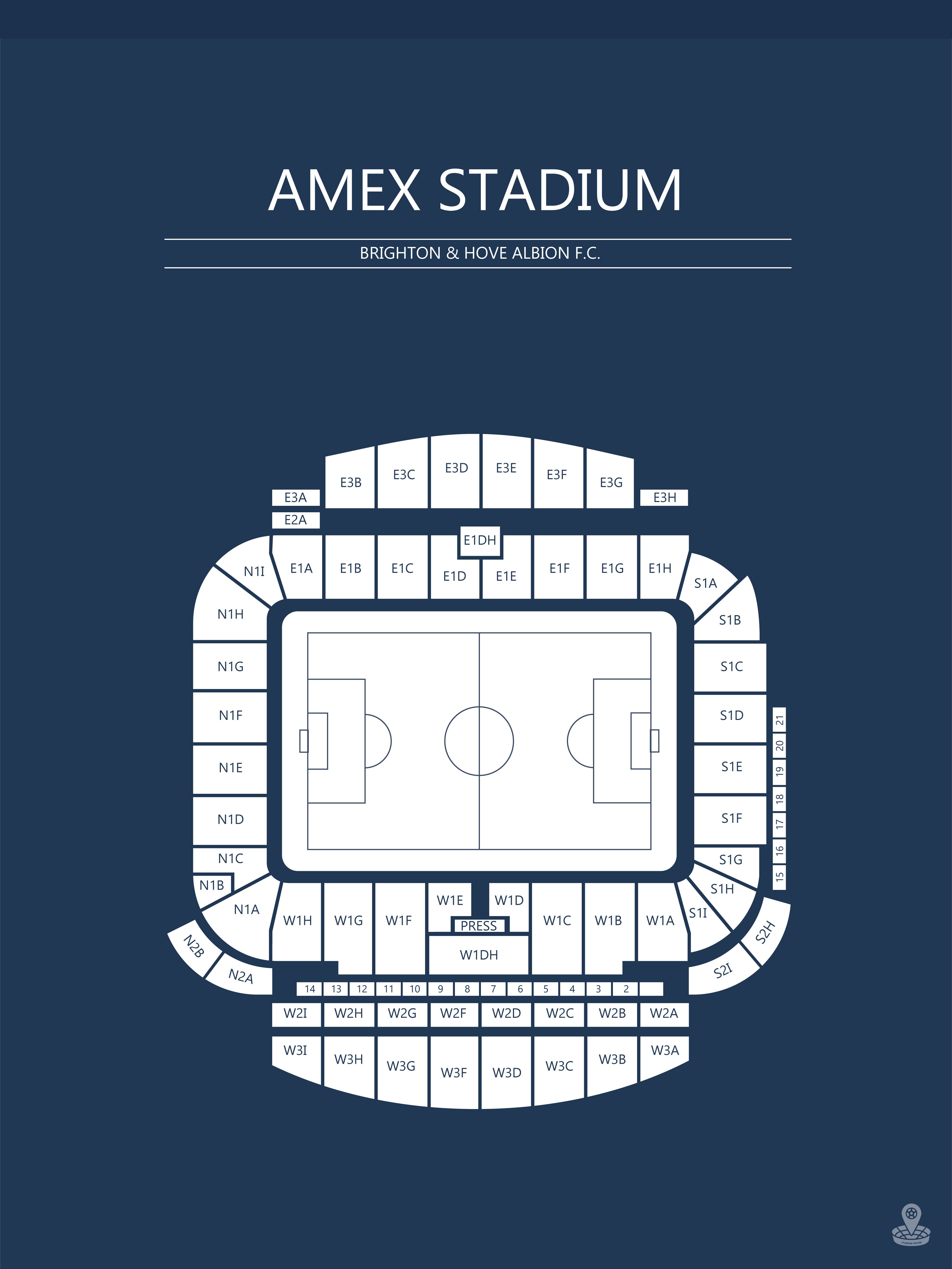 AMEX STADIUM PLAKAT (BRIGHTON FODBOLD KLUB) I MØRKEBLÅ