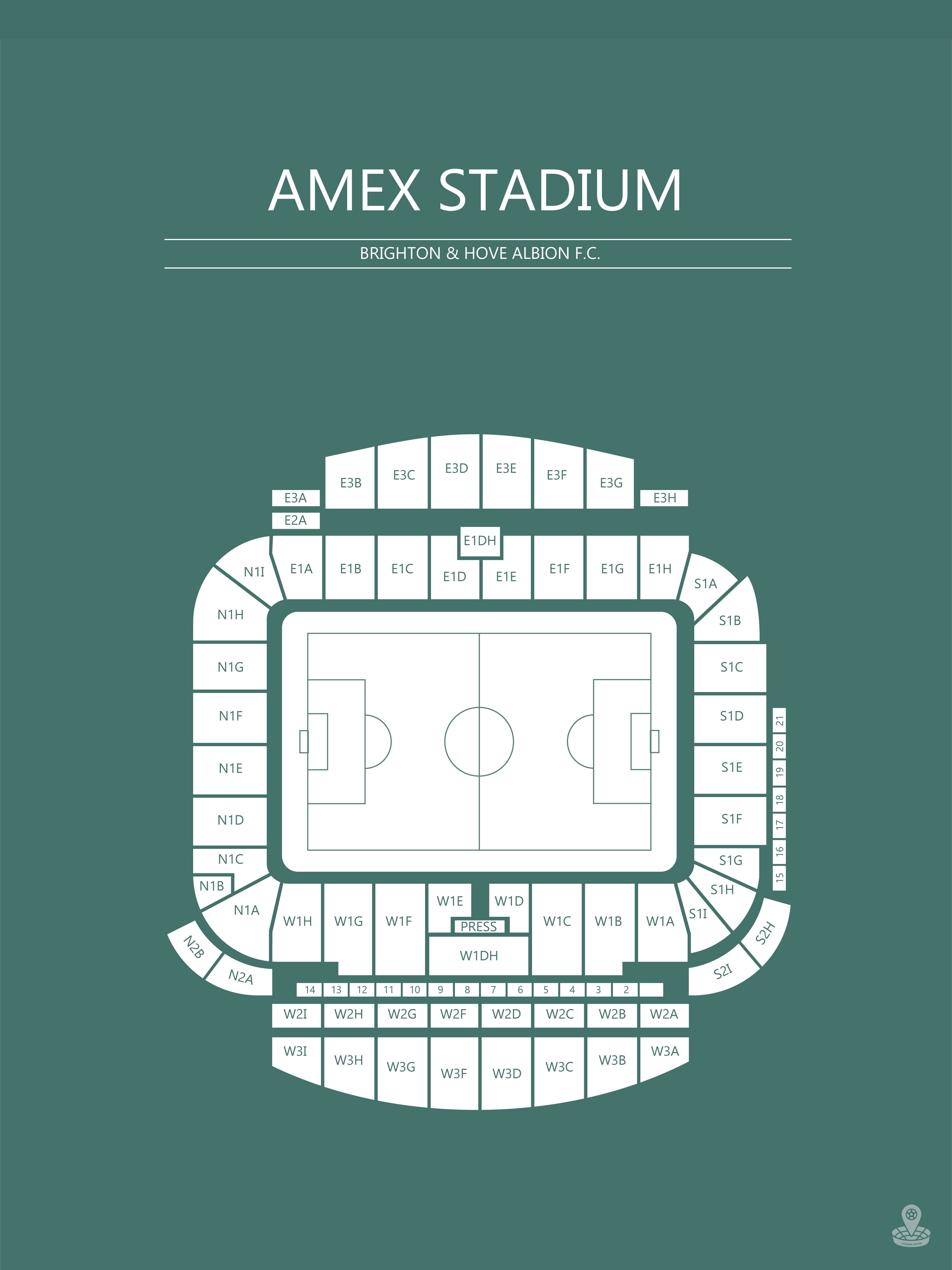 AMEX STADIUM PLAKAT (BRIGHTON FODBOLD KLUB) I MØRKEGRØN & HVID
